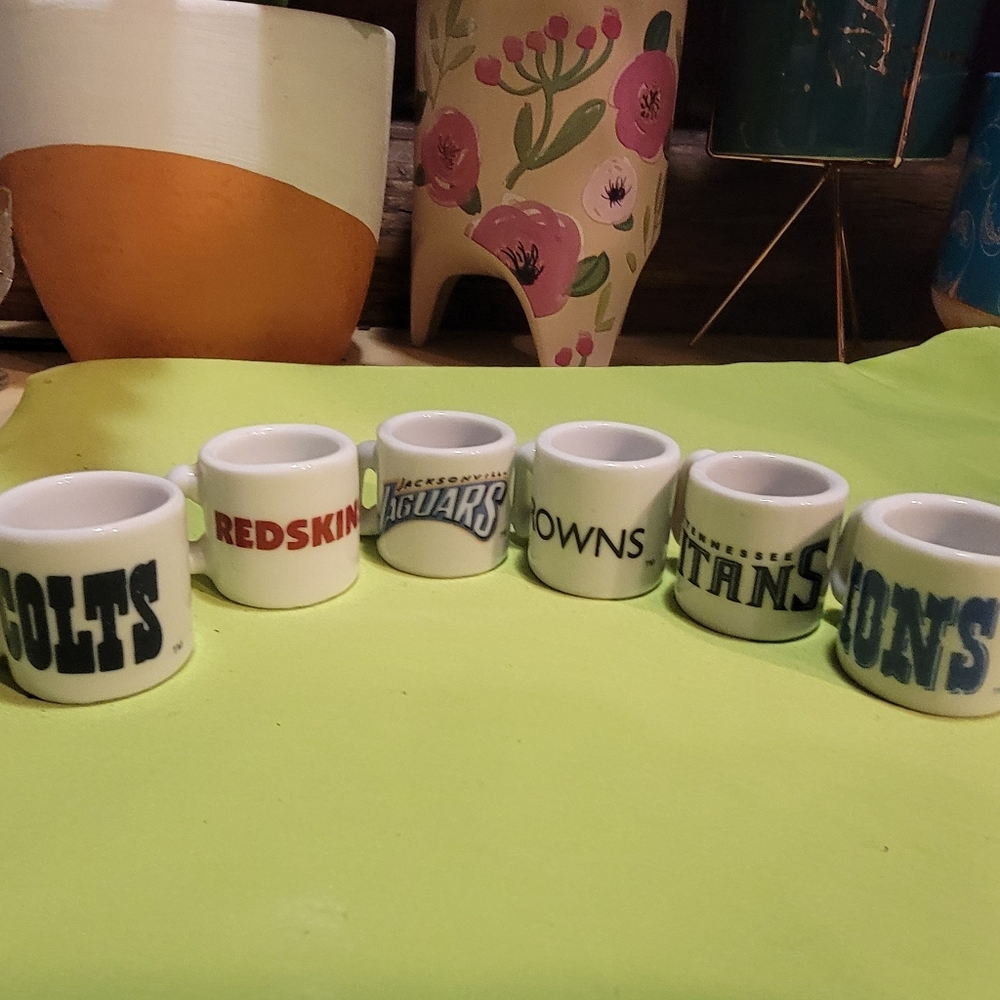 6- Miniture Football team collectible shotglasses. Super cool